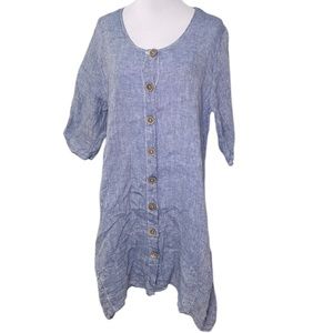 Linomania Blue Short Sleeve Handmade Italian Linen Button Down Casual Dress